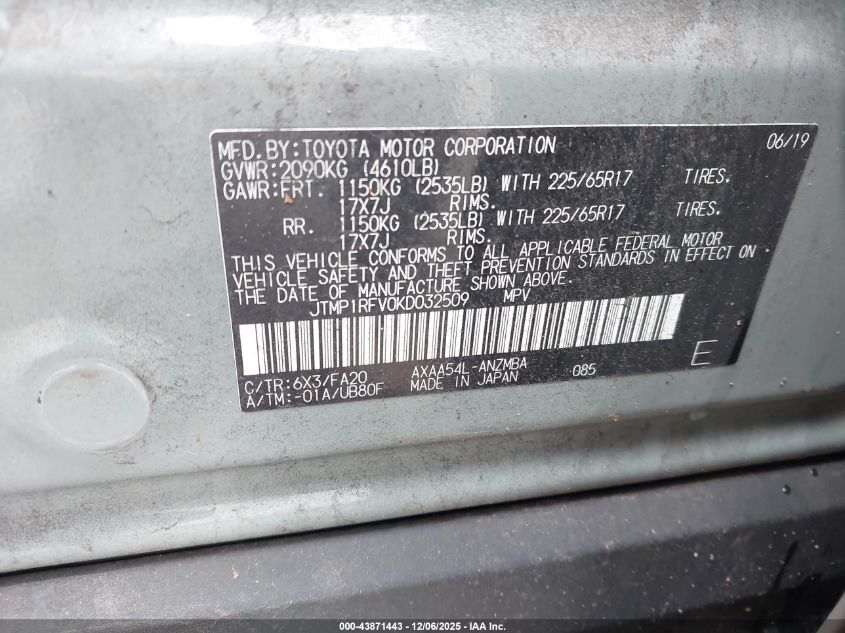 2019 Toyota Rav4 Xle VIN: JTMP1RFV0KD032509 Lot: 43871443