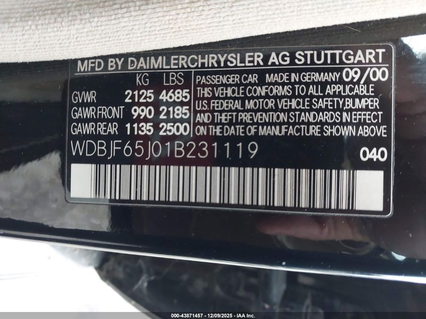 2001 Mercedes-Benz E 320 VIN: WDBJF65J01B231119 Lot: 43871457