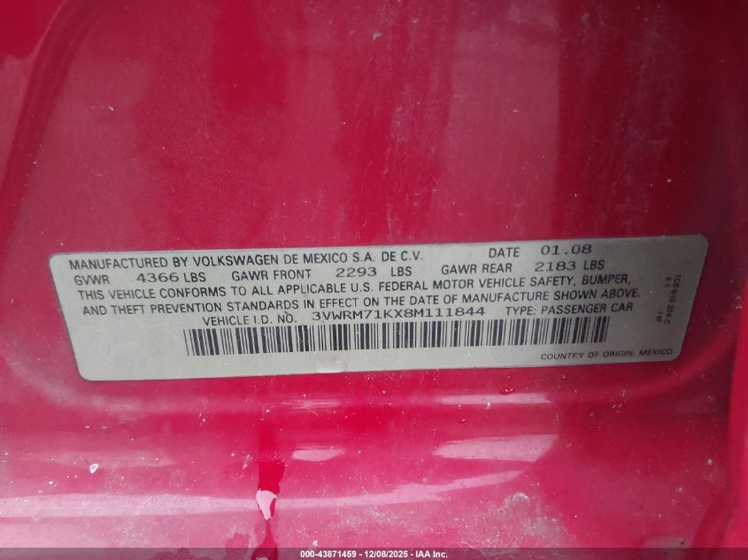 2008 Volkswagen Jetta Se/Sel VIN: 3VWRM71KX8M111844 Lot: 43871459