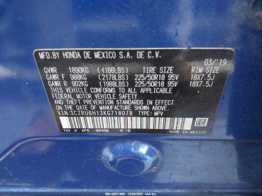 2019 Honda Hr-V Sport VIN: 3CZRU6H13KG718078 Lot: 43871468