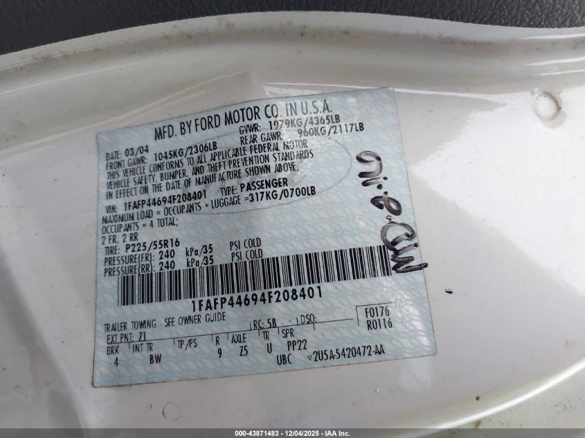 2004 Ford Mustang VIN: 1FAFP44694F208401 Lot: 43871483