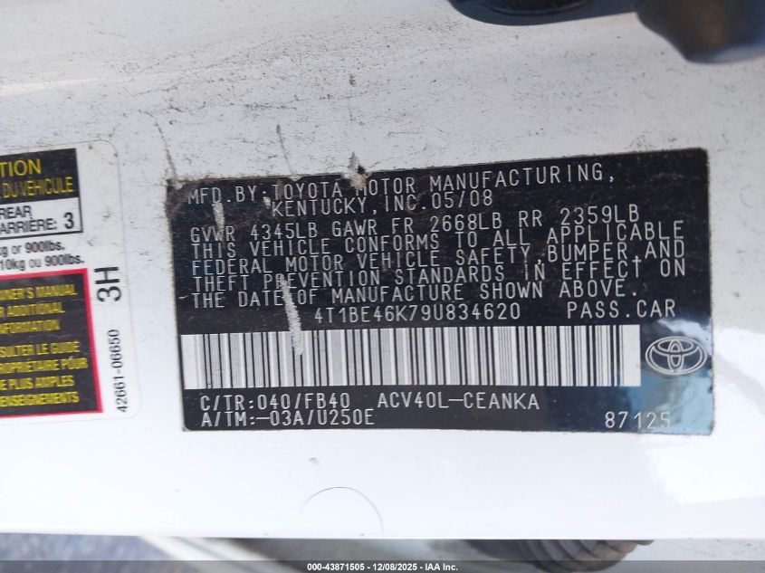 2009 Toyota Camry Le VIN: 4T1BE46K79U834620 Lot: 43871505