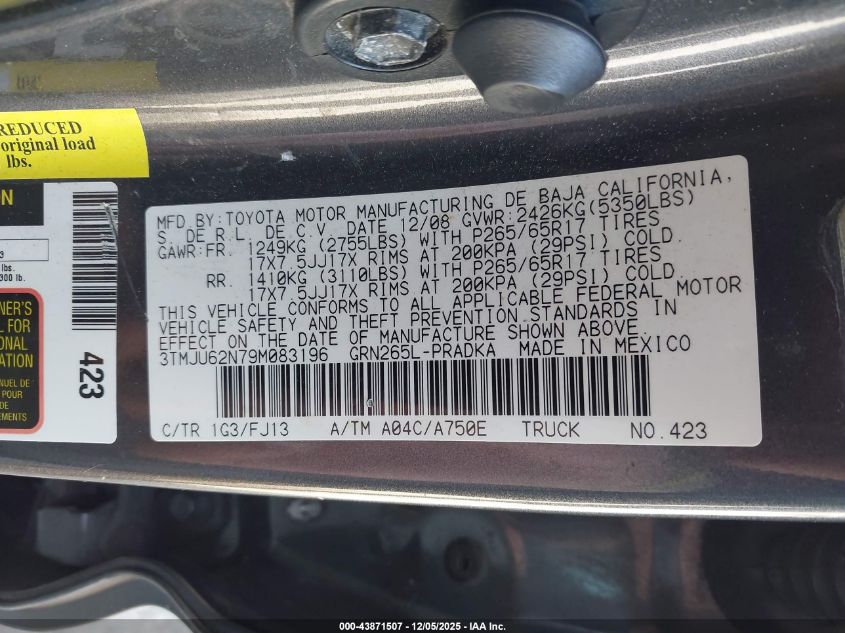 2009 Toyota Tacoma Prerunner V6 VIN: 3TMJU62N79M083196 Lot: 43871507