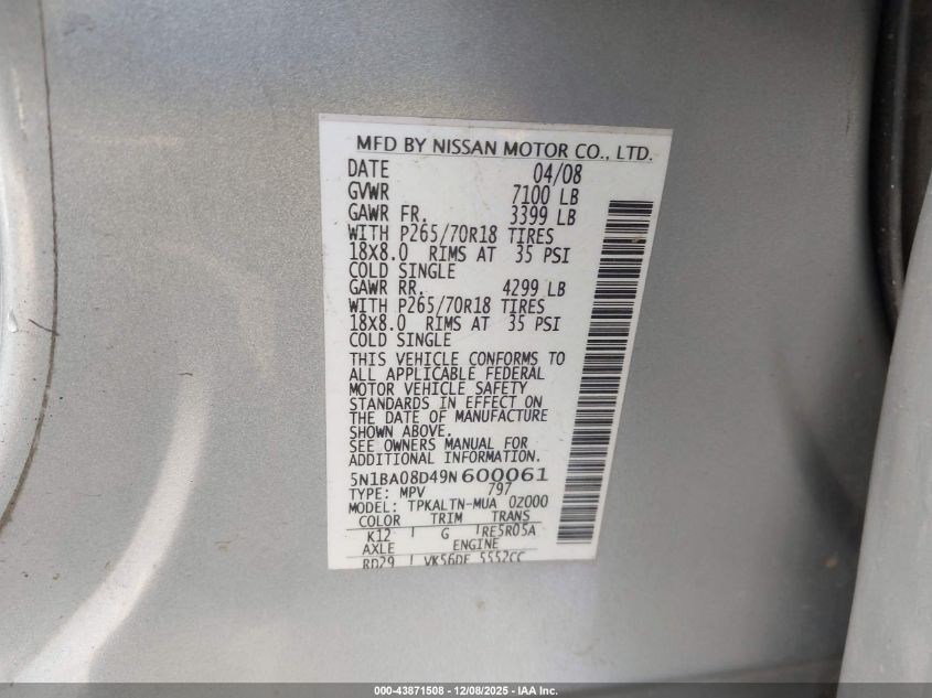 2009 Nissan Armada Se VIN: 5N1BA08D49N600061 Lot: 43871508