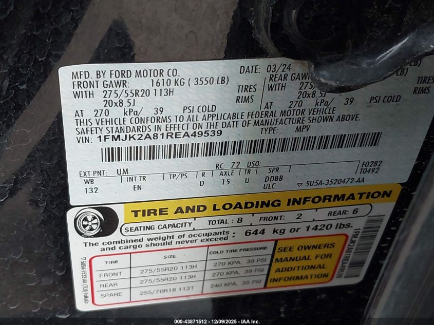 2024 Ford Expedition Limited Max VIN: 1FMJK2A81REA49539 Lot: 43871512