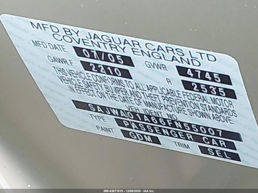 2006 Jaguar S-Type 3.0L V6 VIN: SAJWA01A66FN55007 Lot: 43871519