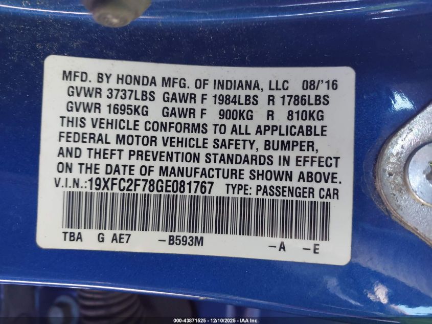 2016 Honda Civic Ex VIN: 19XFC2F78GE081767 Lot: 43871525