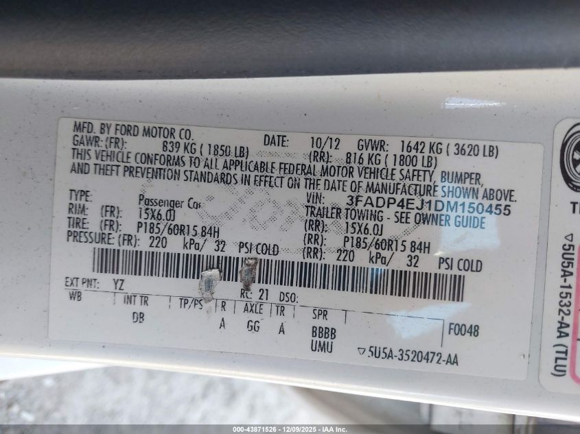 2013 Ford Fiesta Se VIN: 3FADP4EJ1DM150455 Lot: 43871526