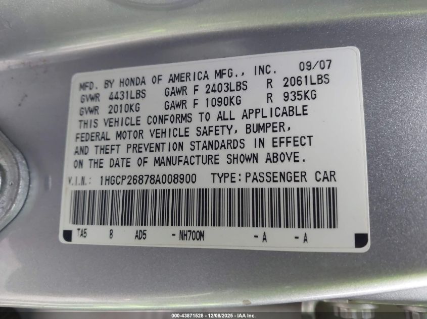 2008 Honda Accord 2.4 Ex-L VIN: 1HGCP26878A008900 Lot: 43871528