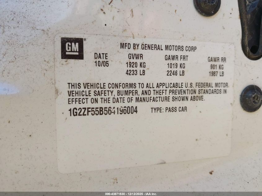 2006 Pontiac G6 VIN: 1G2ZF55B564196004 Lot: 43871530