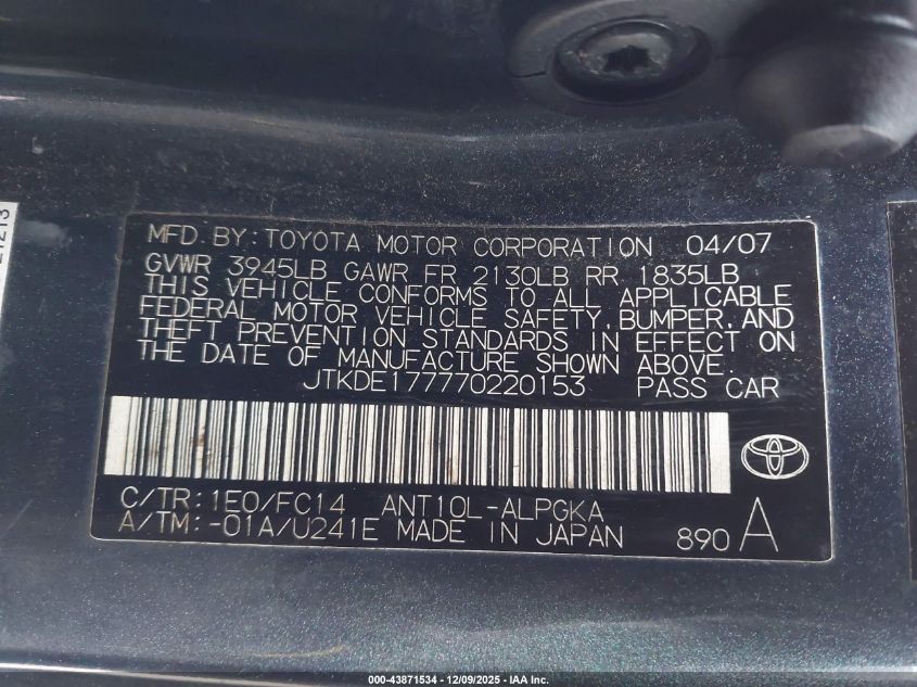 2007 Scion Tc VIN: JTKDE177770220153 Lot: 43871534