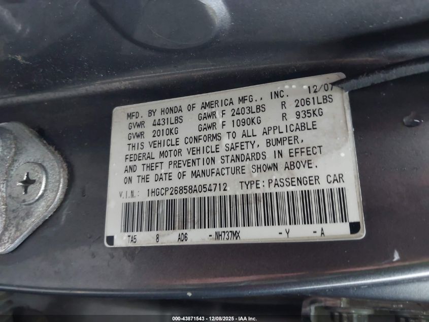 2008 Honda Accord 2.4 Ex-L VIN: 1HGCP26858A054712 Lot: 43871543