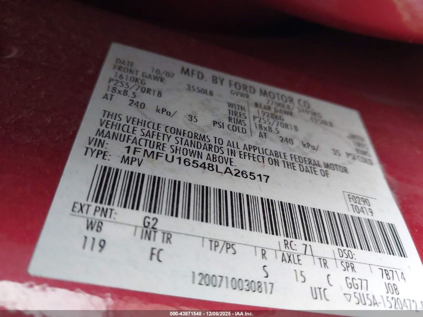 2008 Ford Expedition Xlt VIN: 1FMFU16548LA26517 Lot: 43871548