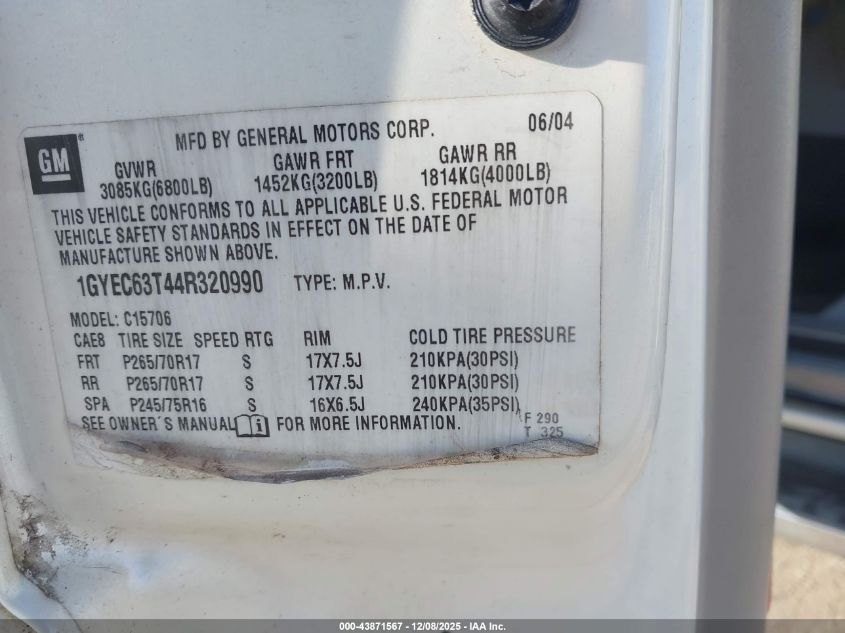 2004 Cadillac Escalade Standard VIN: 1GYEC63T44R320990 Lot: 43871567