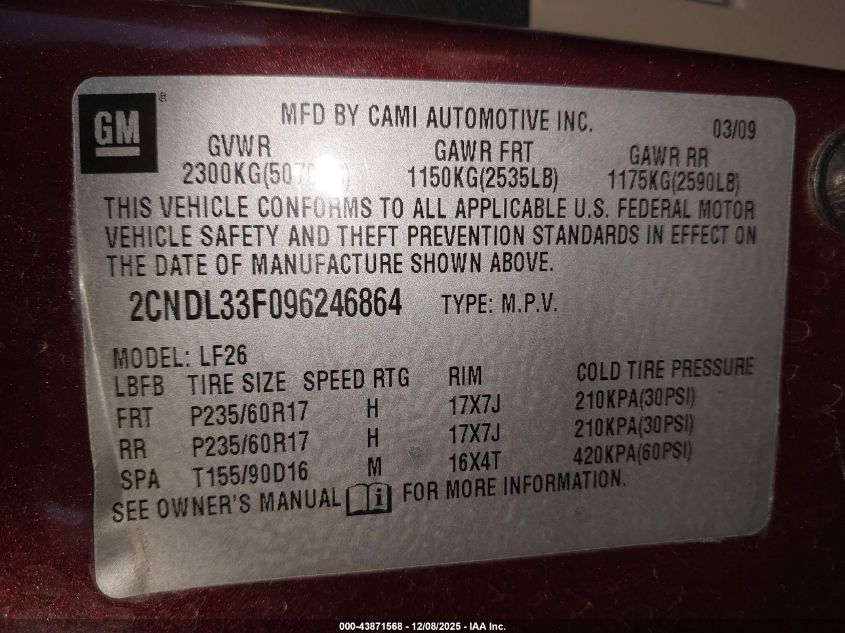 2009 Chevrolet Equinox Lt VIN: 2CNDL33F096246864 Lot: 43871568