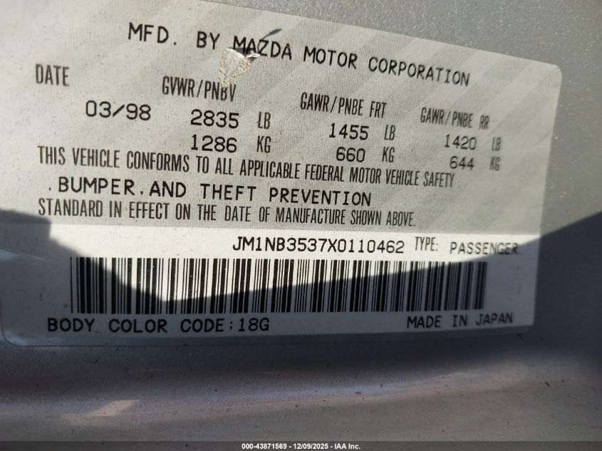 1999 Mazda Mx-5 Miata Leather Pkg/Popular Equipment Pkg/Sports Pkg/Touring Pkg VIN: JM1NB3537X0110462 Lot: 43871569