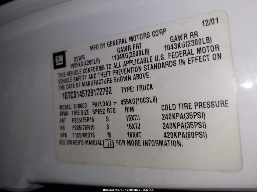 2002 GMC Sonoma Sl VIN: 1GTCS145728172792 Lot: 43871578