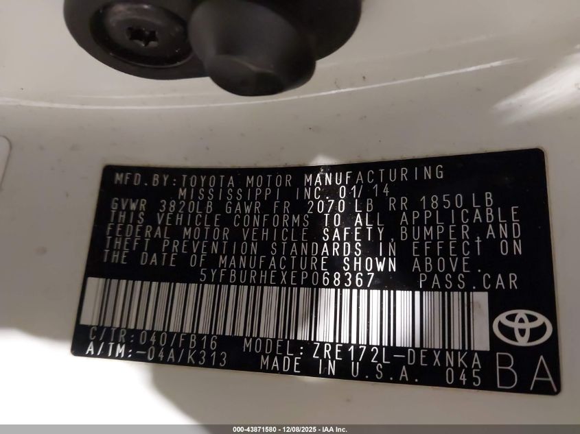 2014 Toyota Corolla Le VIN: 5YFBURHEXEP068367 Lot: 43871580