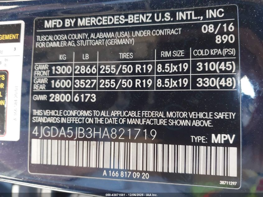 2017 Mercedes-Benz Gle 350 VIN: 4JGDA5JB3HA821719 Lot: 43871581