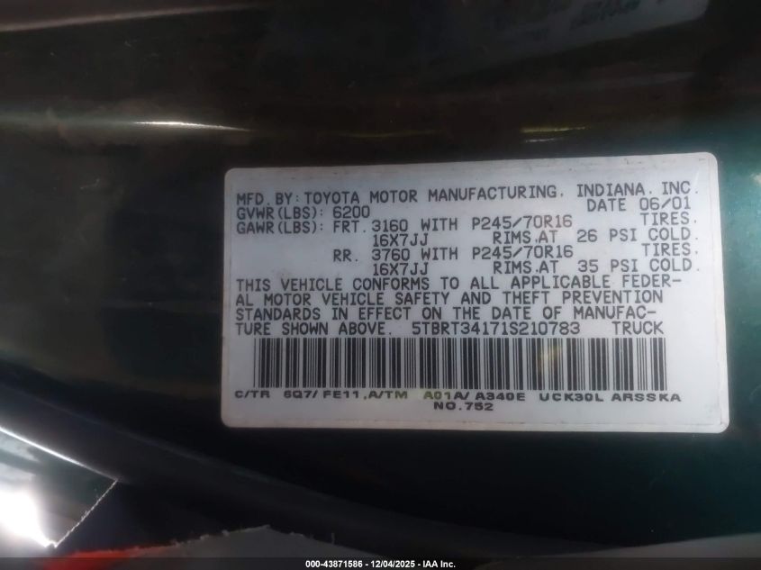 2001 Toyota Tundra Sr5 V8 VIN: 5TBRT34171S210783 Lot: 43871586