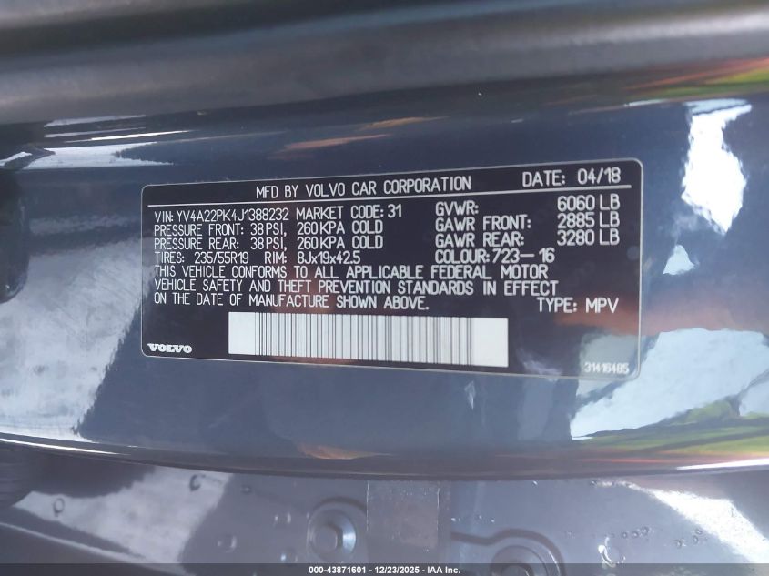 2018 Volvo Xc90 T6 Momentum VIN: YV4A22PK4J1388232 Lot: 43871601