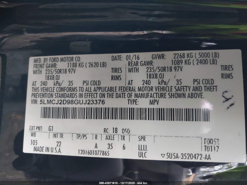 2016 Lincoln Mkc Select VIN: 5LMCJ2D98GUJ23376 Lot: 43871610