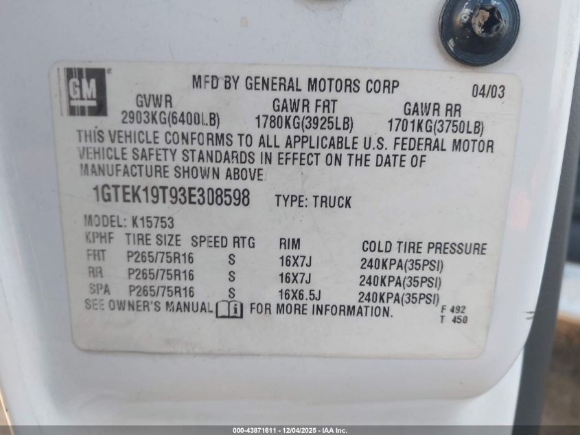 2003 GMC Sierra 1500 Sle VIN: 1GTEK19T93E308598 Lot: 43871611