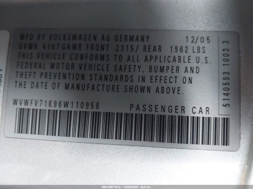 2006 Volkswagen Gti 2-Door VIN: WVWFV71K96W110958 Lot: 43871612