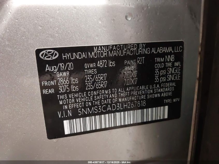 2020 Hyundai Santa Fe Sel VIN: 5NMS3CAD3LH267818 Lot: 43871617