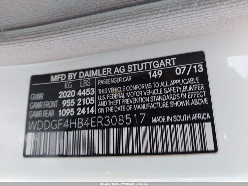 2014 Mercedes-Benz C 250 Sport VIN: WDDGF4HB4ER308517 Lot: 43871621