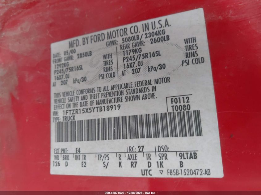 2000 Ford Ranger Xlt VIN: 1FTZR15X5YTB18919 Lot: 43871623