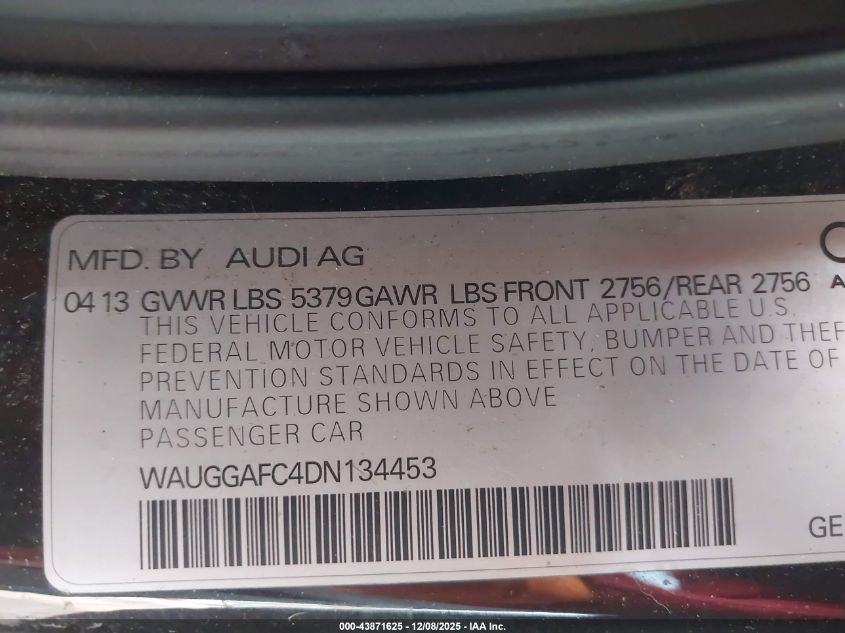 2013 Audi A6 3.0T Premium VIN: WAUGGAFC4DN134453 Lot: 43871625