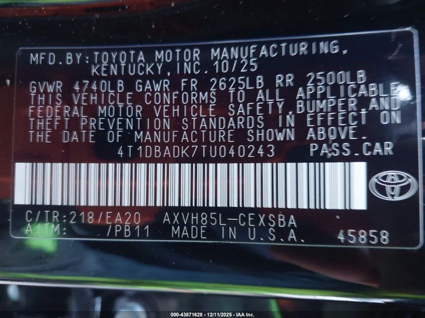 2026 Toyota Camry Nightshade VIN: 4T1DBADK7TU040243 Lot: 43871628