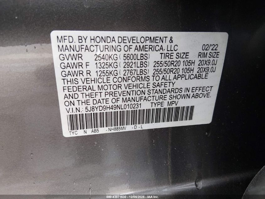 2022 Acura Mdx Technology Package VIN: 5J8YD9H49NL010231 Lot: 43871630
