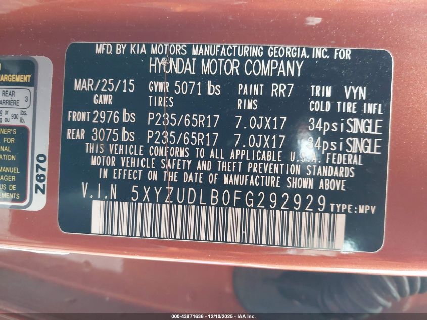 2015 Hyundai Santa Fe Sport 2.4L VIN: 5XYZUDLB0FG292929 Lot: 43871636