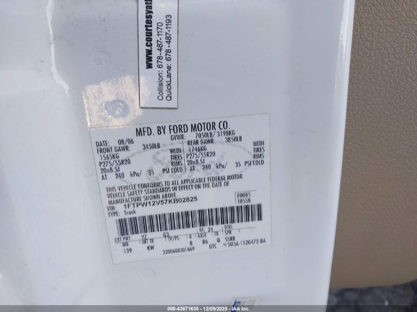 2007 Ford F-150 Lariat/Xlt VIN: 1FTPW12V57KB02825 Lot: 43871638