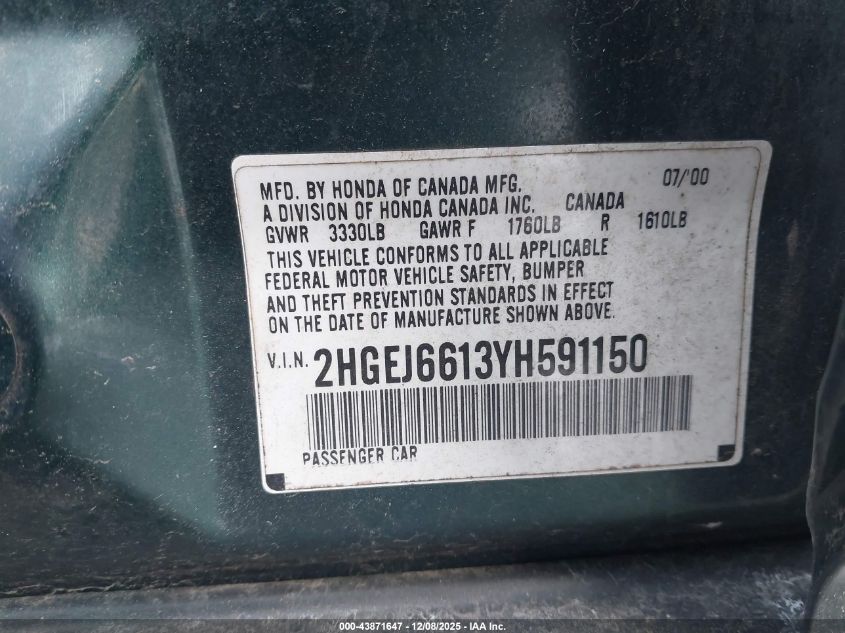 2000 Honda Civic Value Package VIN: 2HGEJ6613YH591150 Lot: 43871647