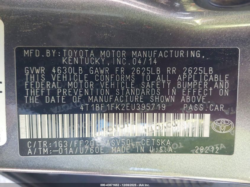 2014 Toyota Camry Se VIN: 4T1BF1FK2EU395719 Lot: 43871652