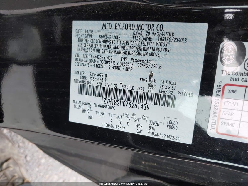 1ZVHT82H075261439 2007 FORD MUSTANG photo no. 9