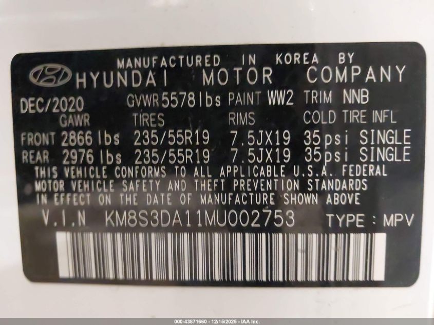2021 Hyundai Santa Fe Hybrid Sel Premium VIN: KM8S3DA11MU002753 Lot: 43871660