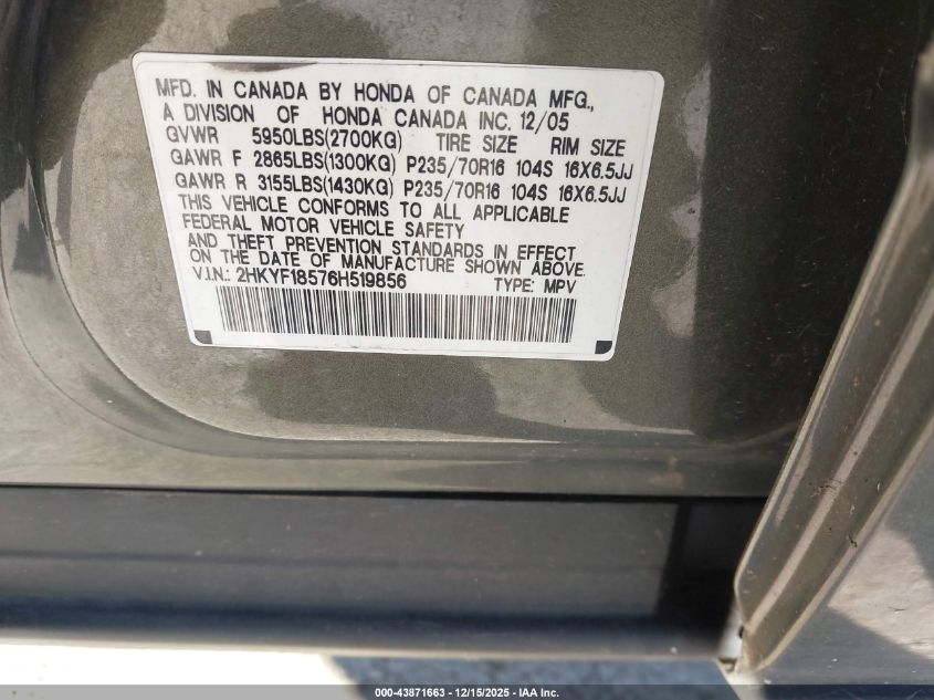 2006 Honda Pilot Ex-L VIN: 2HKYF18576H519856 Lot: 43871663