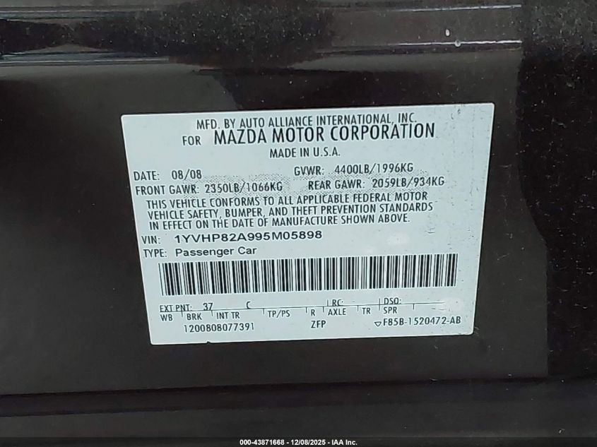 2009 Mazda Mazda6 I Grand Touring VIN: 1YVHP82A995M05898 Lot: 43871668