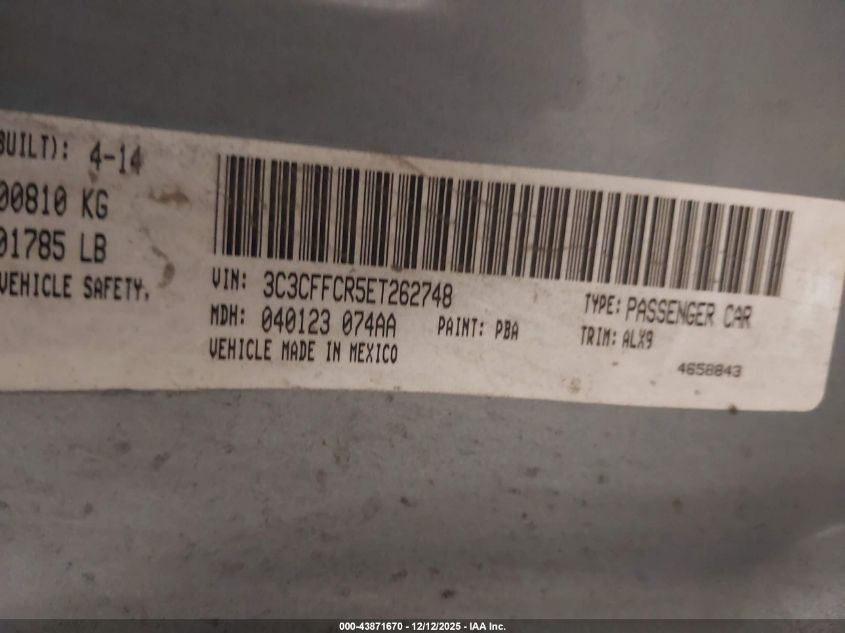 2014 Fiat 500 Lounge VIN: 3C3CFFCR5ET262748 Lot: 43871670