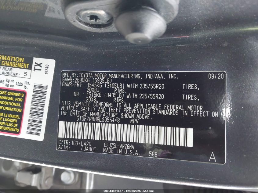 2020 Toyota Highlander Platinum VIN: 5TDFZRBH8LS055448 Lot: 43871677