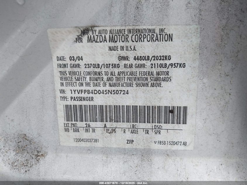 2004 Mazda Mazda6 S VIN: 1YVFP84D045N50724 Lot: 43871678