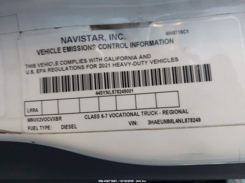 2022 International Mv VIN: 3HAEUMML4NL878249 Lot: 43871682