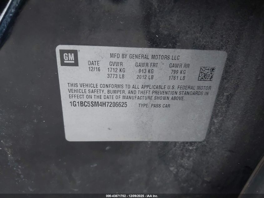 2017 Chevrolet Cruze Ls Auto VIN: 1G1BC5SM4H7206625 Lot: 43871702