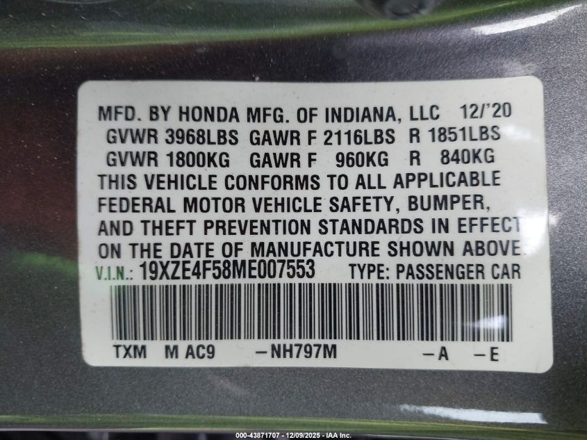 2021 Honda Insight Ex VIN: 19XZE4F58ME007553 Lot: 43871707
