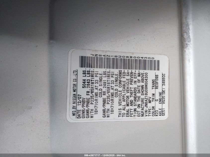 2009 Nissan Murano Sl VIN: JN8AZ18U09W004300 Lot: 43871717