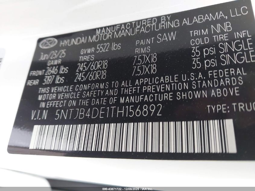 2026 Hyundai Santa Cruz Sel VIN: 5NTJB4DE1TH156892 Lot: 43871722